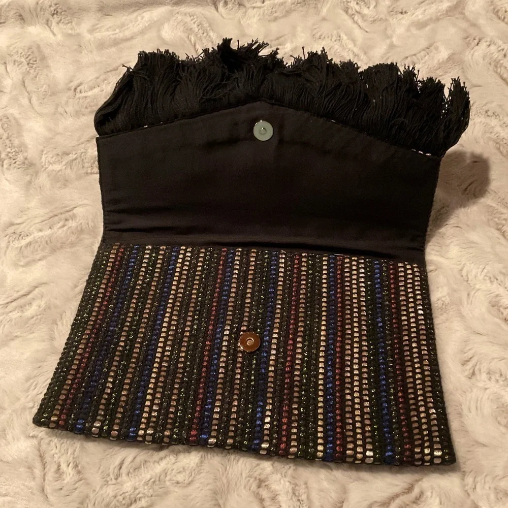 Stella and Dot Shimmering Weave Clutch with Fringe. NWOT